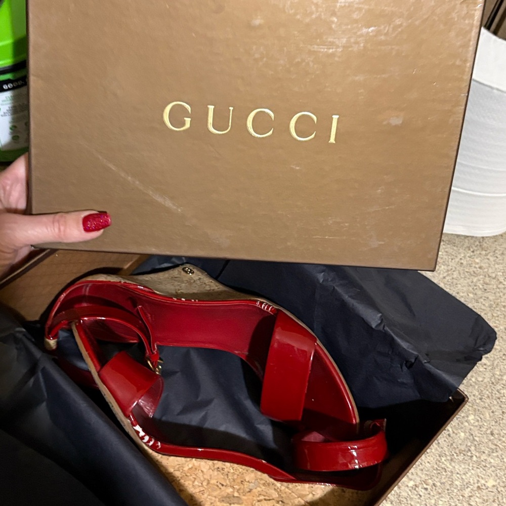 Gucci Red Patent Leather Cork Wedge Sandals - Picture 11 of 16